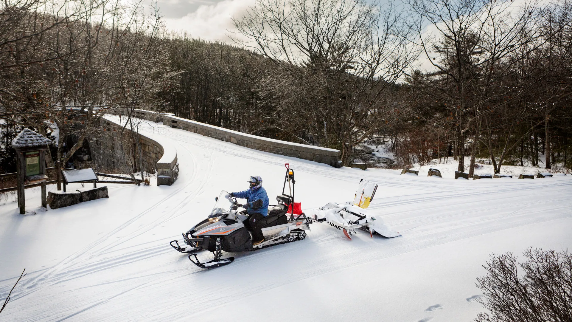 Groomed carriage road in Acadia National Park winter