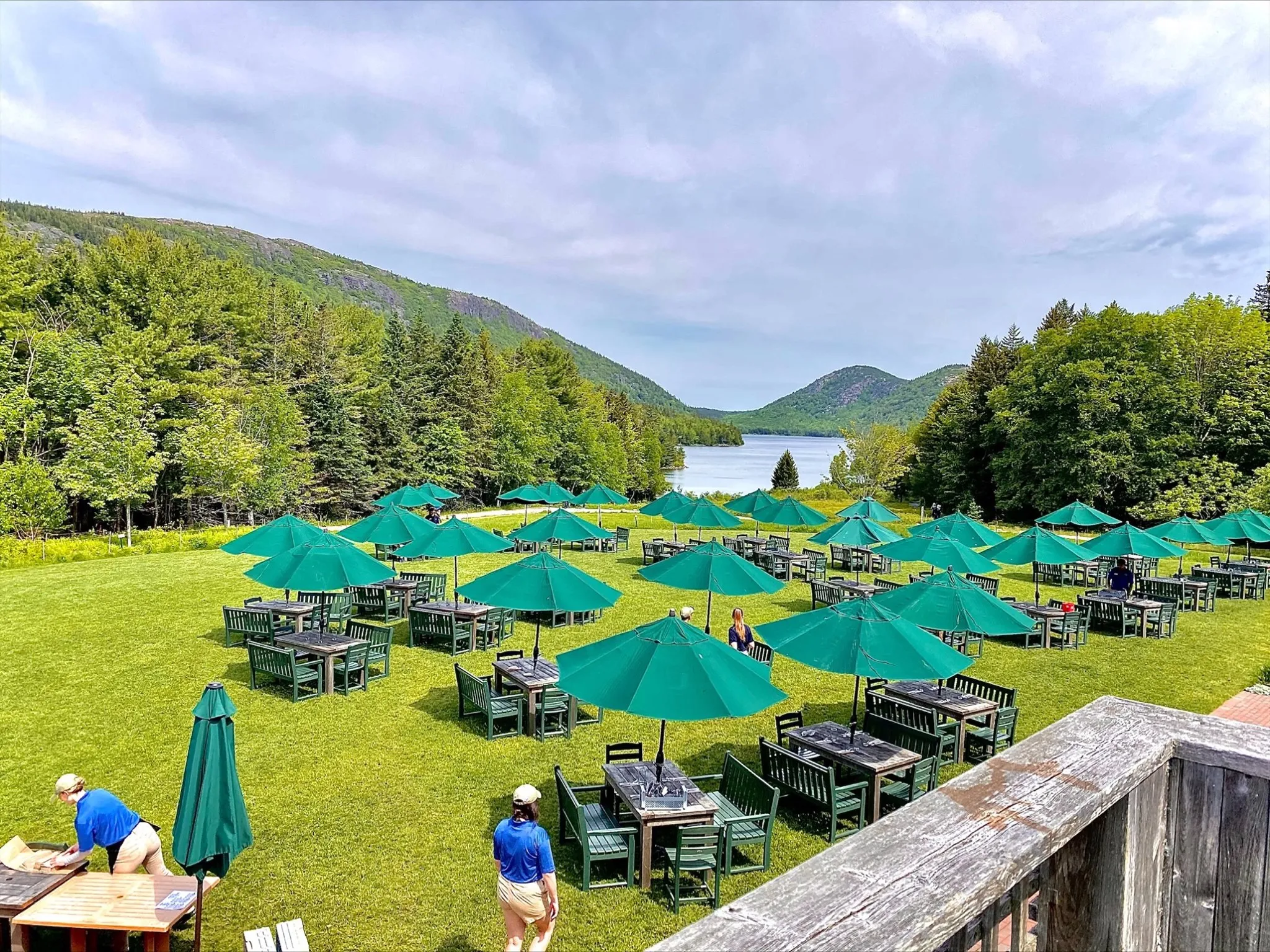 Jordan Pond House outdoor dining with mountain views in Acadia National Park
