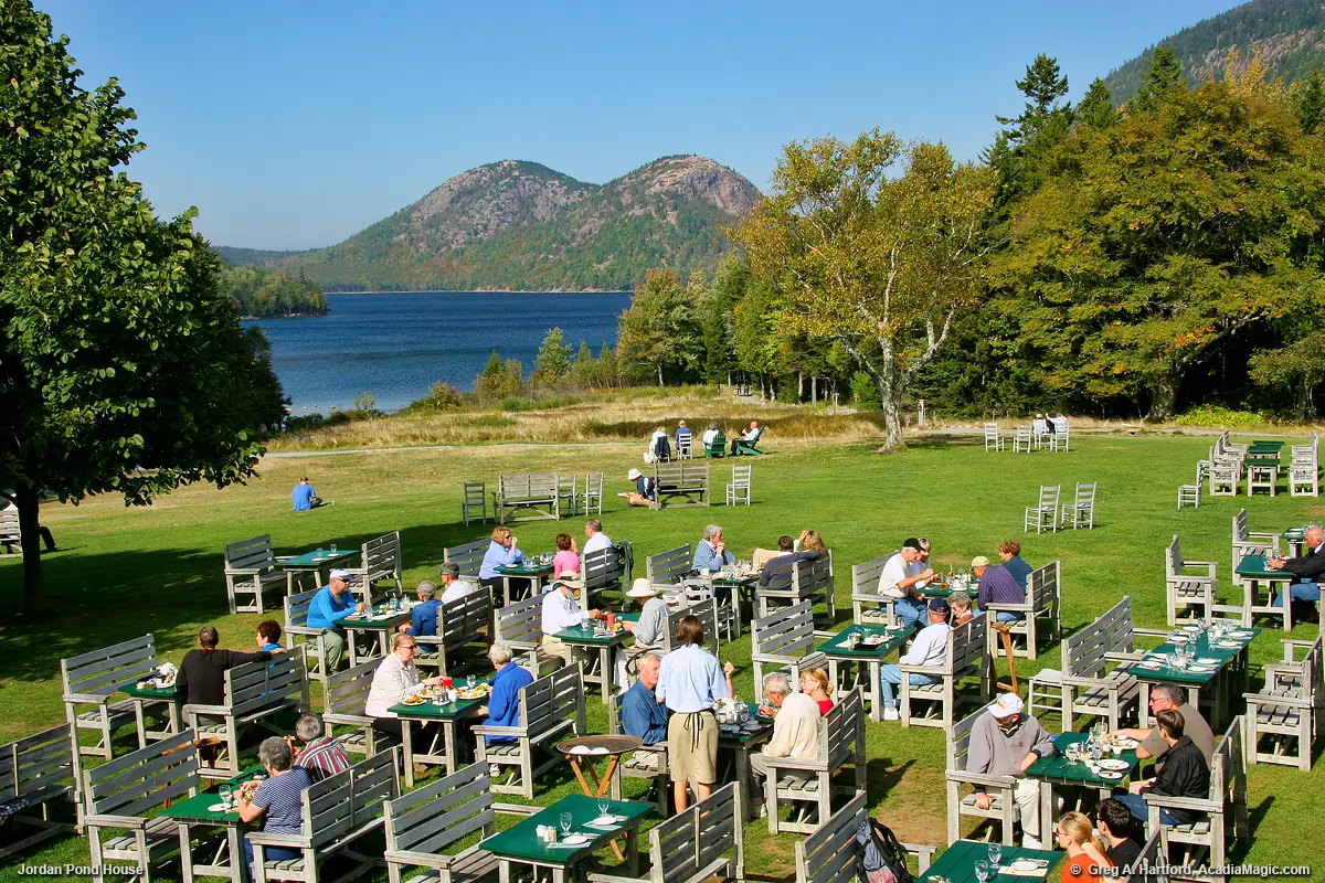 Jordan Pond House tea and popovers service with seasonal mountain views