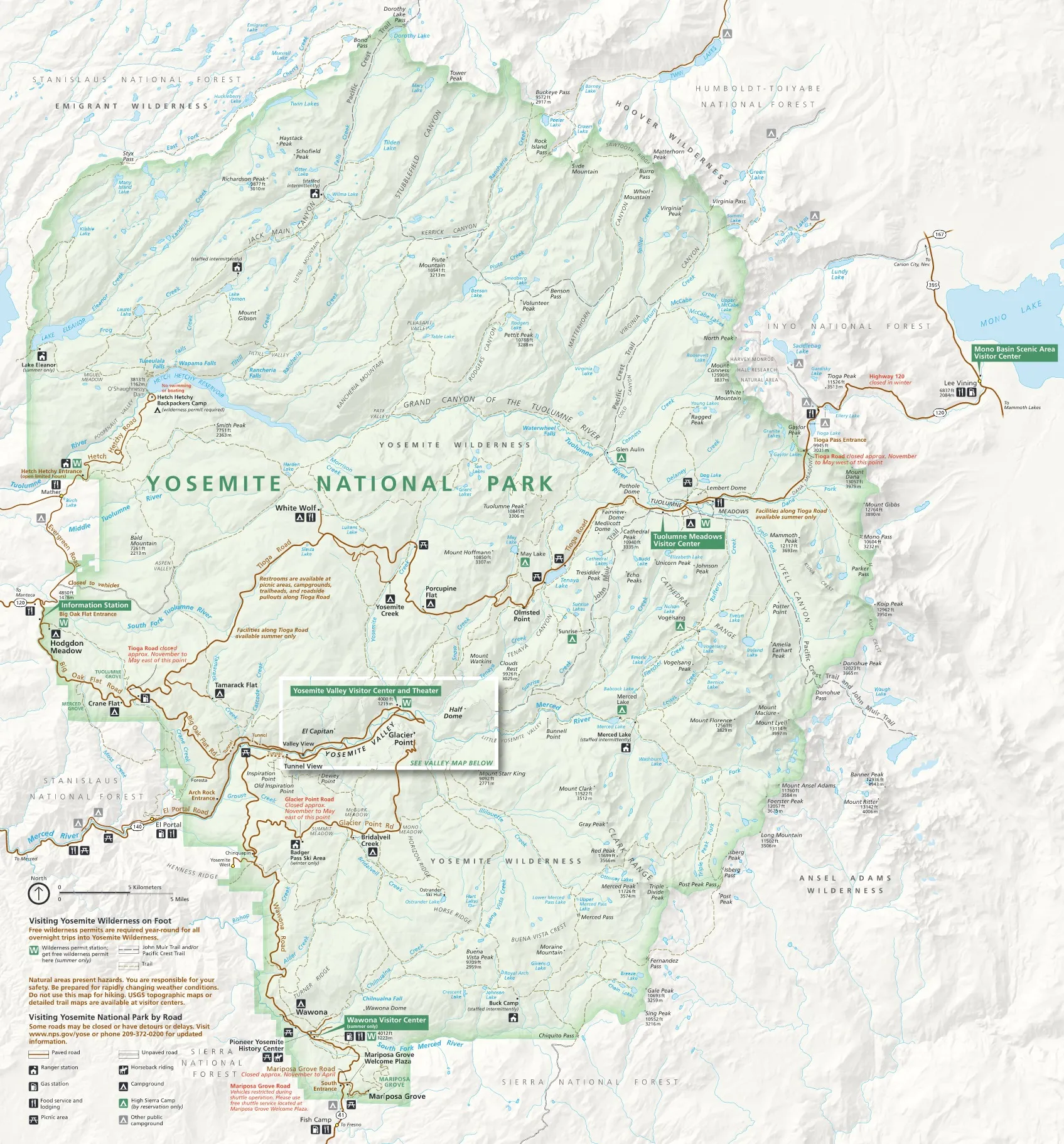 Official Yosemite National Park Map showing park boundaries, roads, and major landmarks
