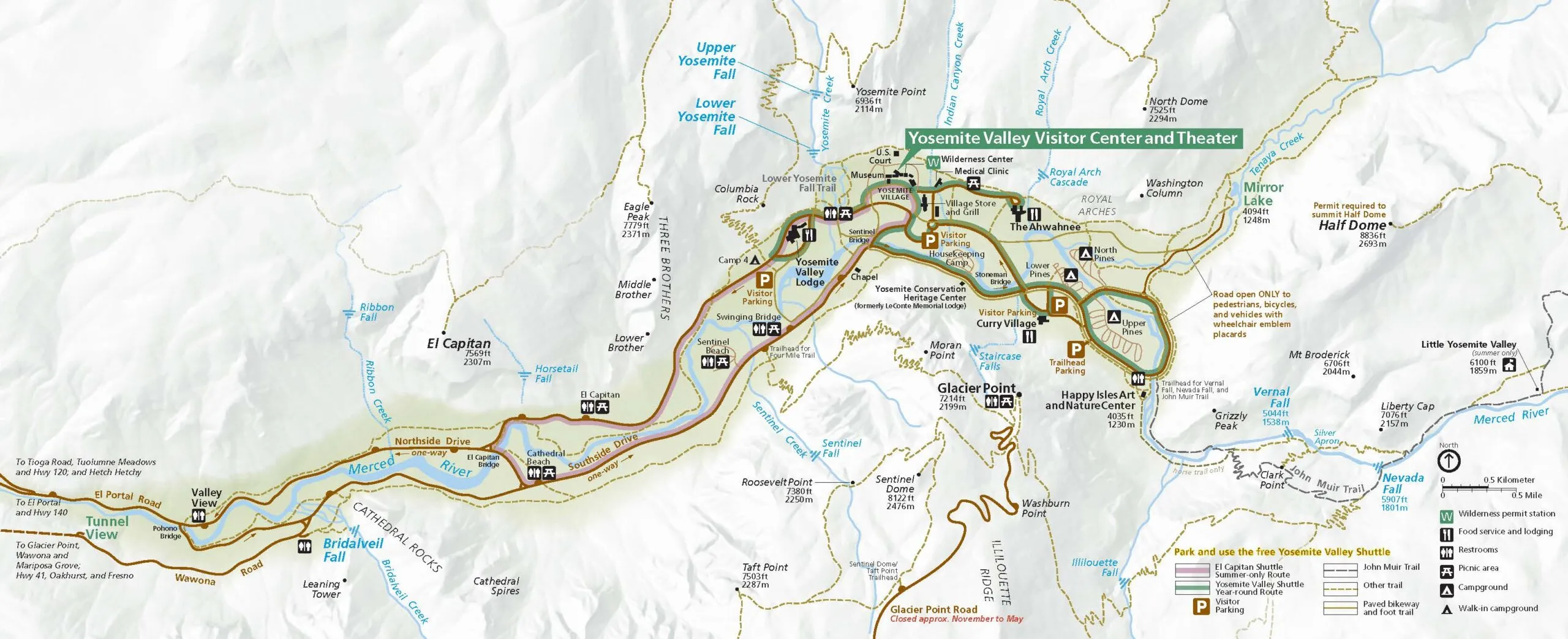 Detailed Yosemite Valley map showing trails, roads, and facilities