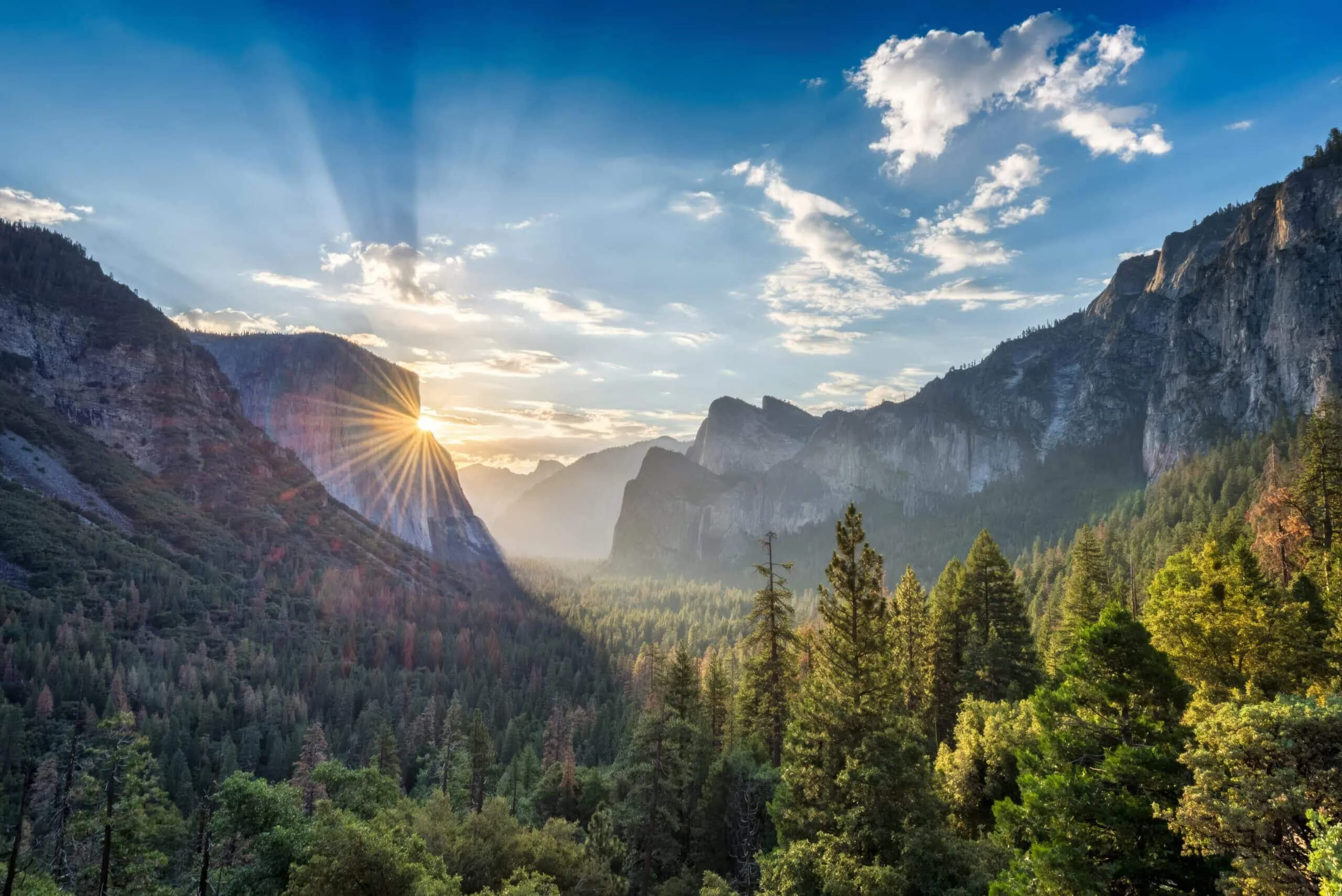 Tunnel View Yosemite National Park panoramic vista showing El Capitan, Half Dome, and Bridalveil Fall