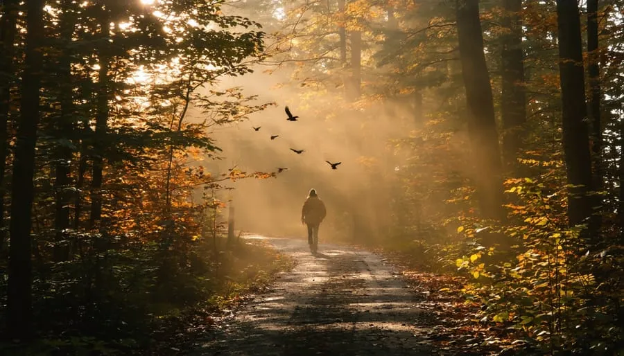Peaceful meditation trail in autumn forest perfect for mindful hiking and anxiety relief