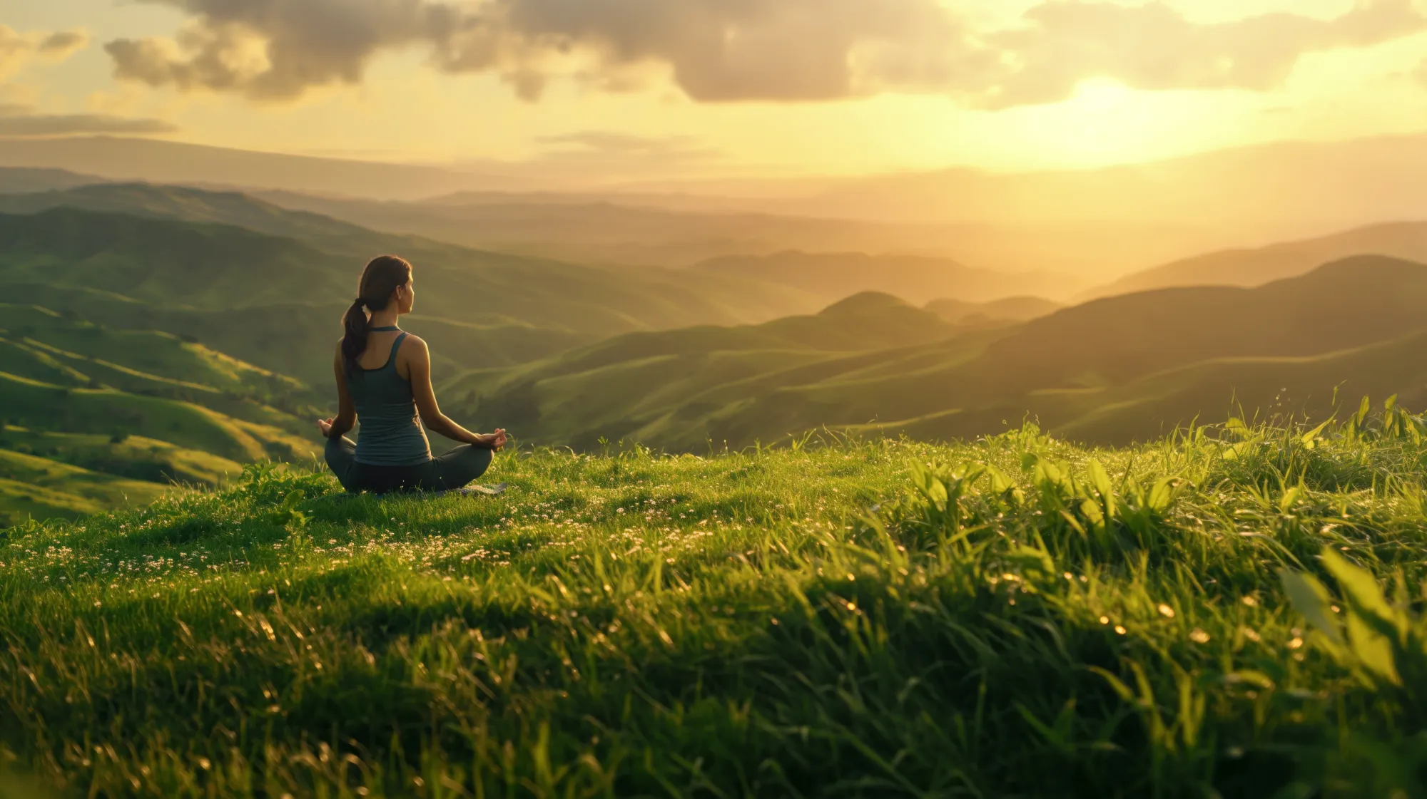 Person practicing mindful meditation in peaceful natural outdoor environment for anxiety relief