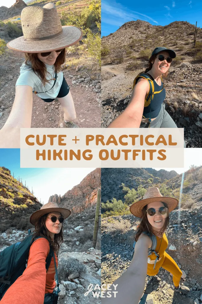 Woman wearing stylish hiking outfit with layered clothing on mountain trail