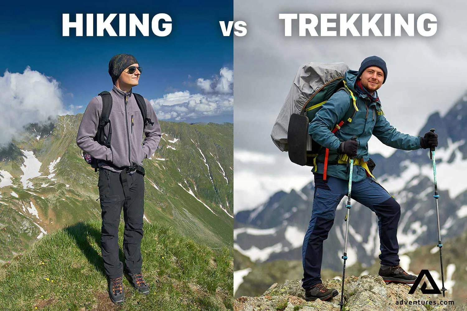 Hiking vs Trekking comparison showing different terrains and equipment