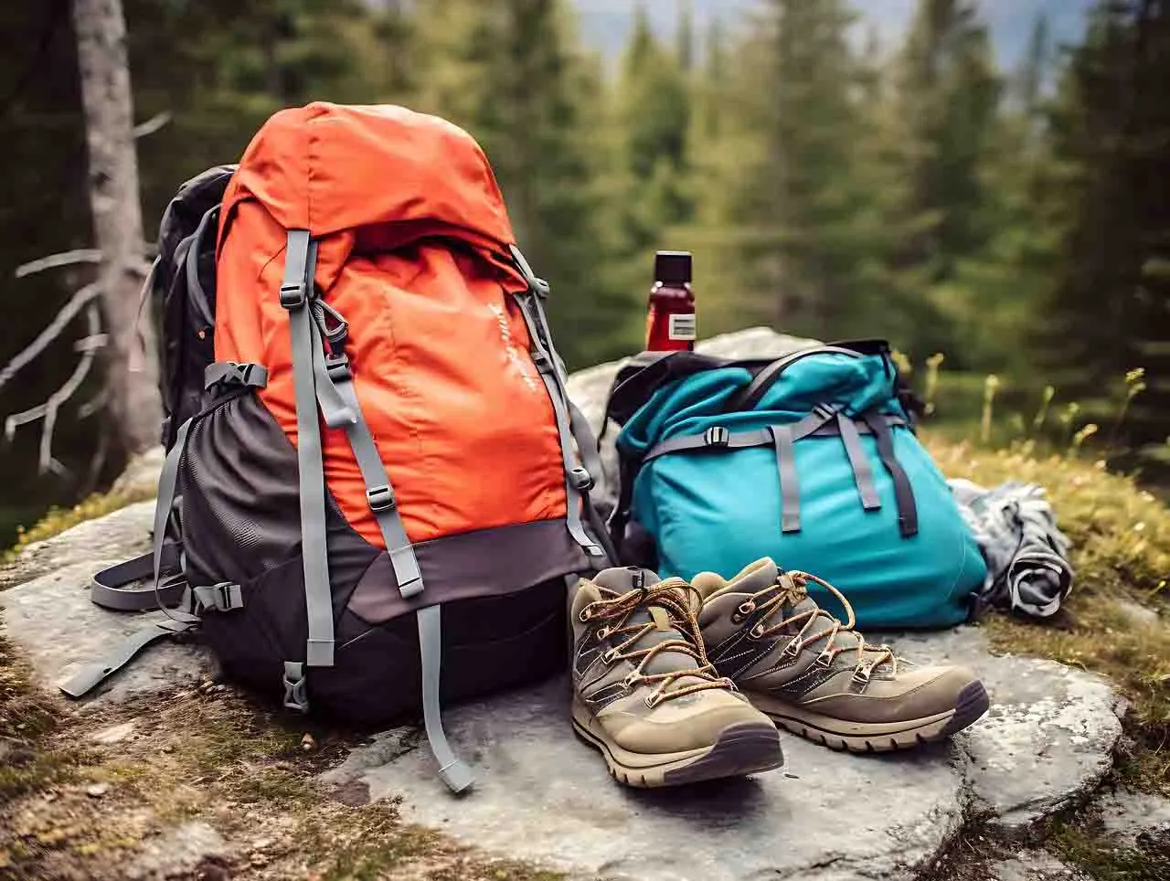 Essential hiking gear laid out including backpack, boots, and water bottles