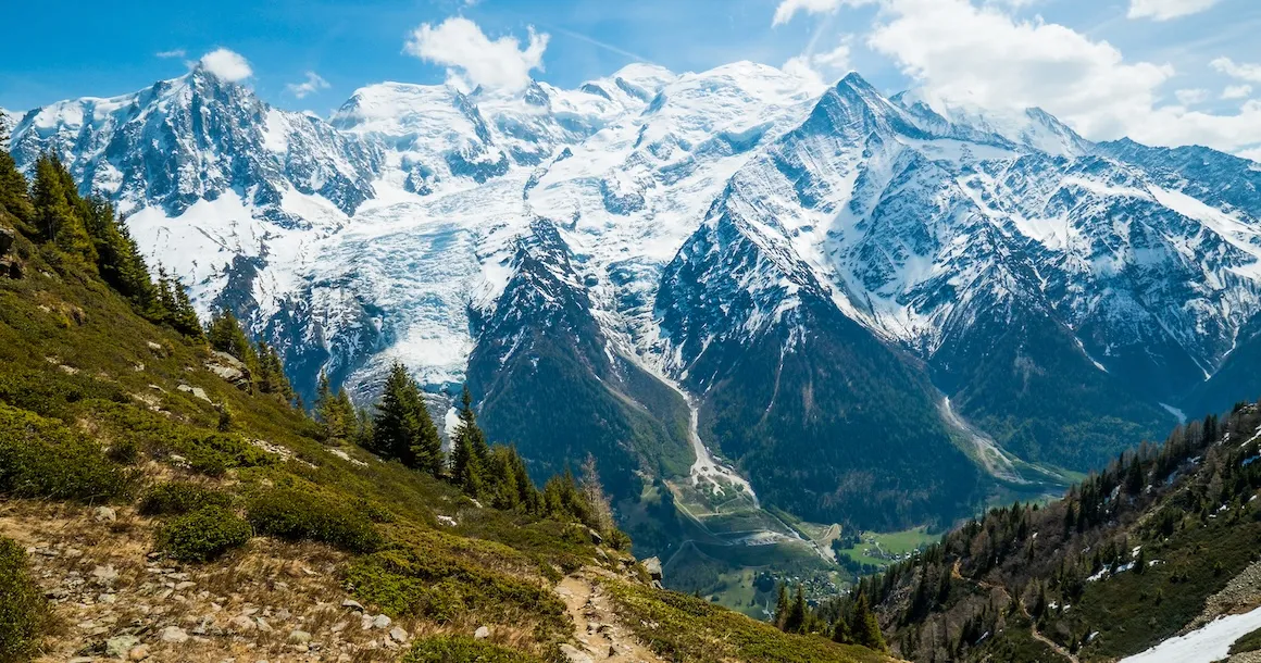 Hikers on the Tour du Mont Blanc trail with panoramic views of Mont Blanc massif and surrounding peaks