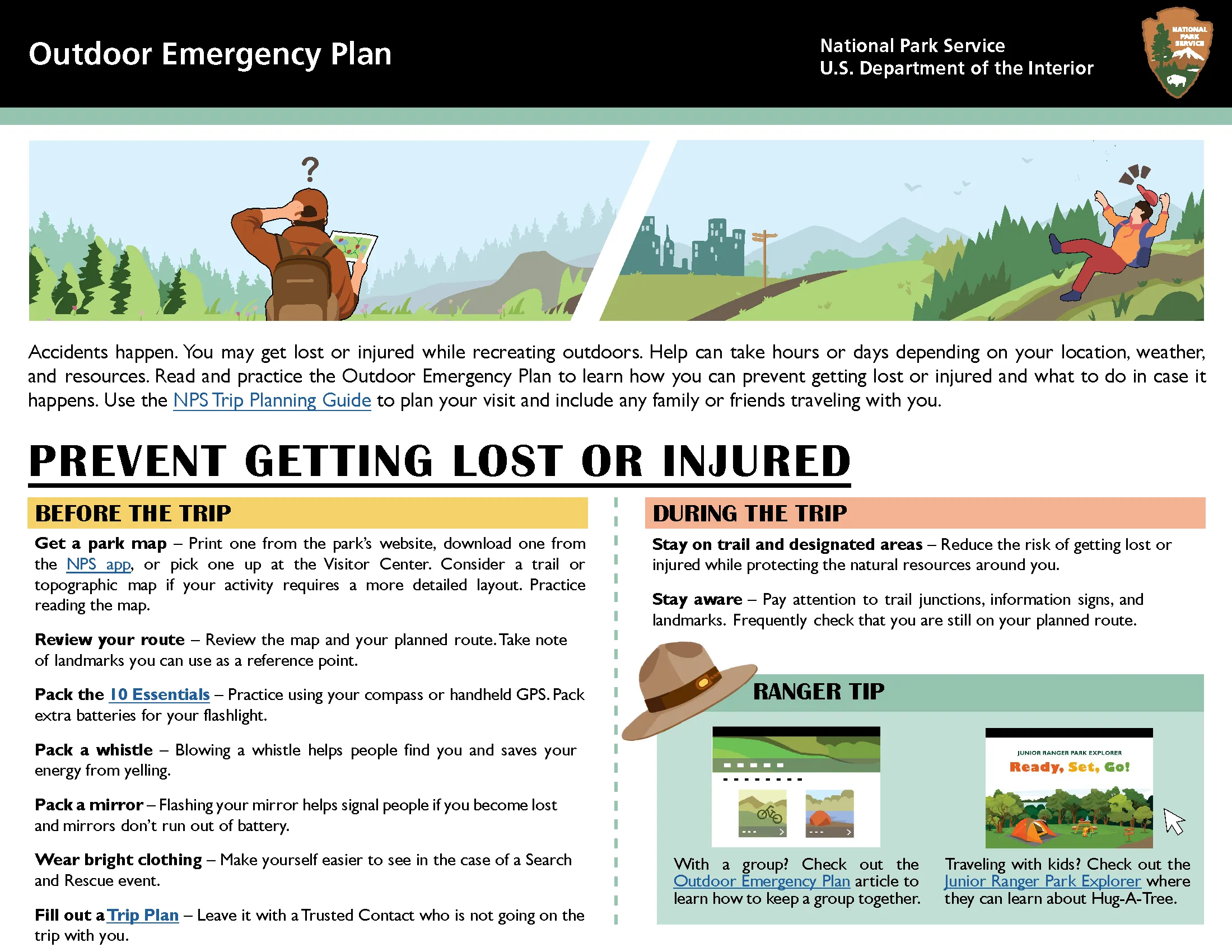 National Park Service outdoor emergency plan showing essential hiking safety procedures