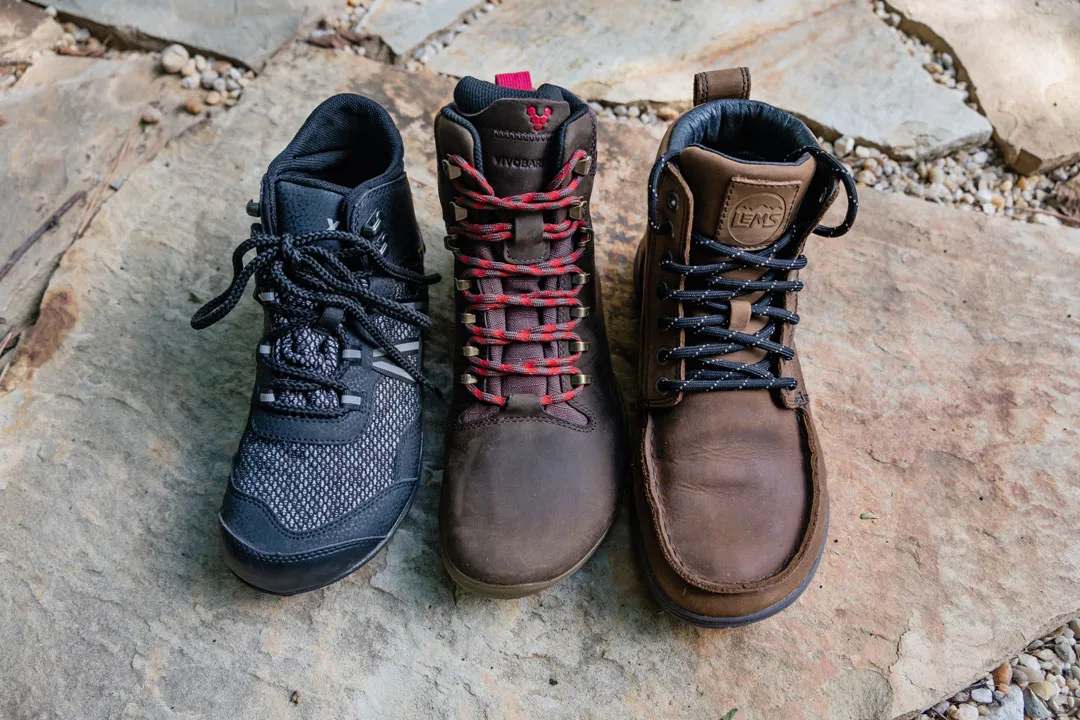 Wide toe box hiking boots comparison showing natural foot shape