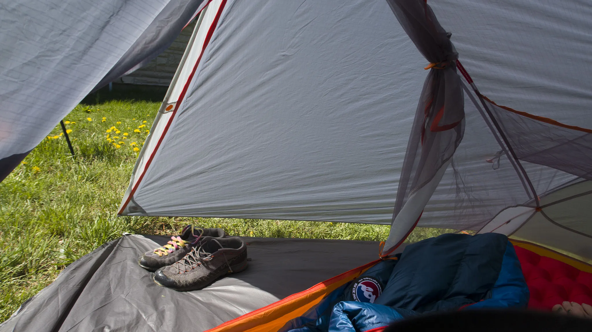 Big Agnes Copper Spur HV UL1 vestibule interior showing spacious gear storage area