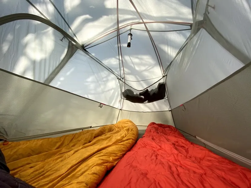 Interior space of Copper Spur HV UL2 showing two sleeping bags and gear organization