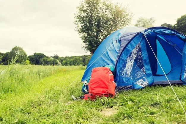 Two-person backpacking tent setup in mountain wilderness