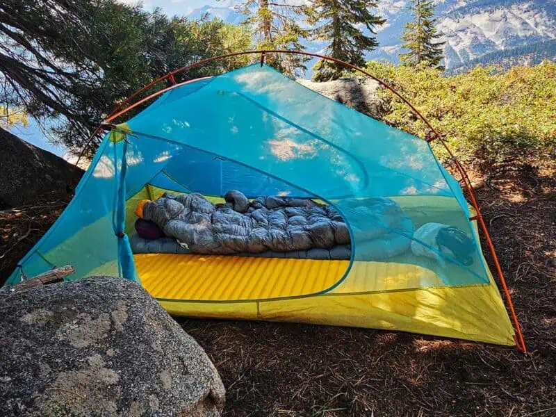 Big Agnes Copper Spur tent setup in mountain setting