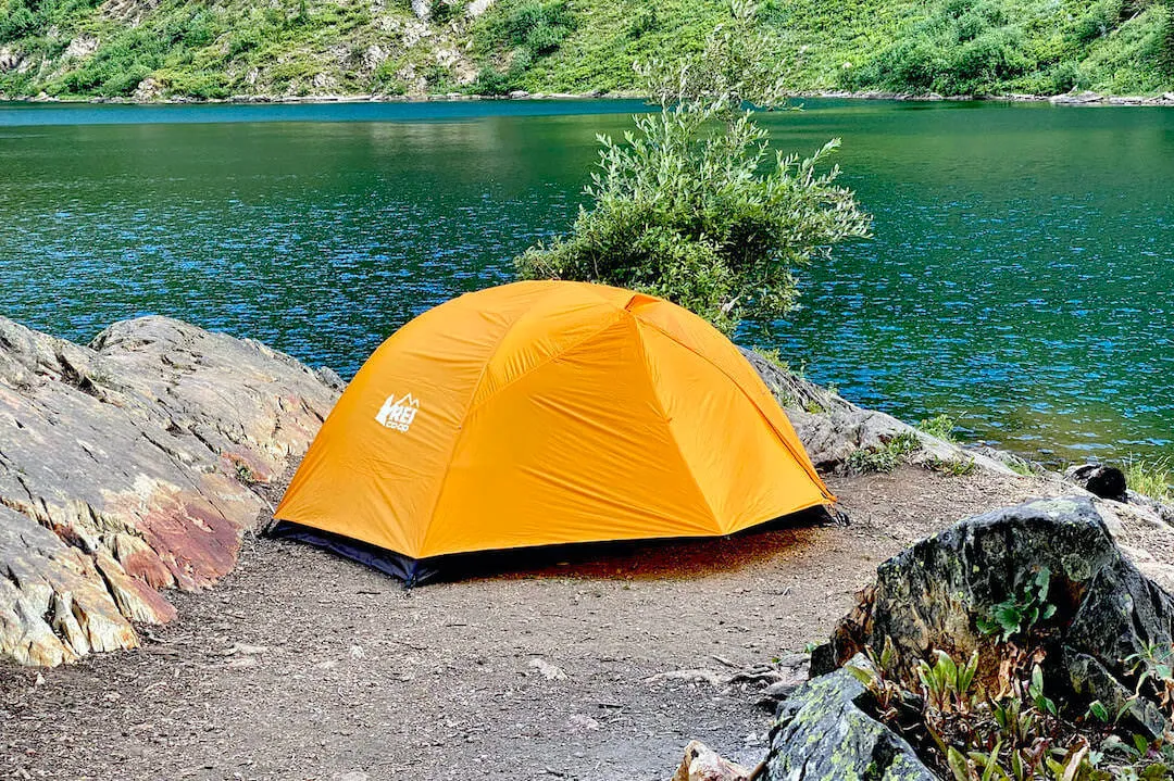 REI tent setup during backpacking trip testing