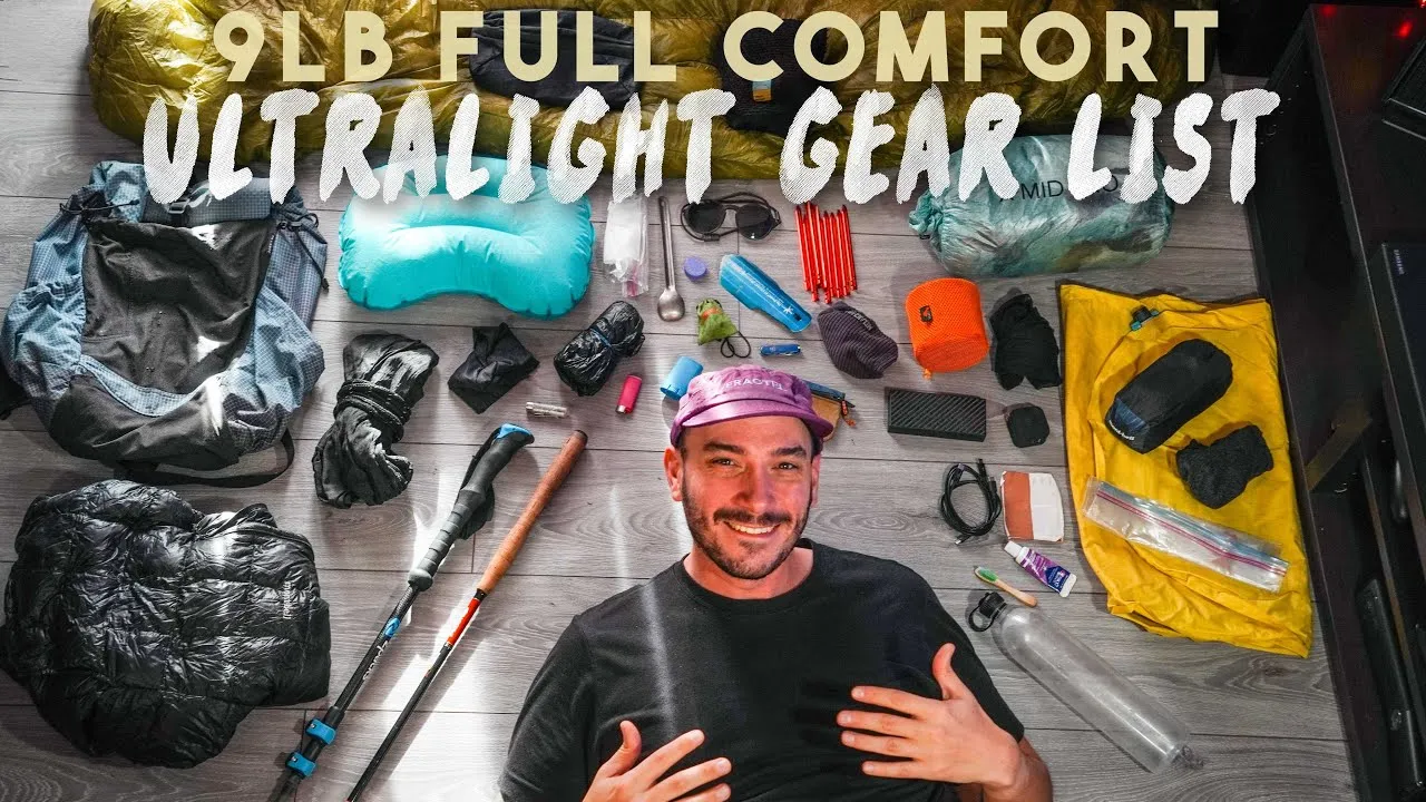 Ultralight backpacking gear layout showing the Big Four essentials