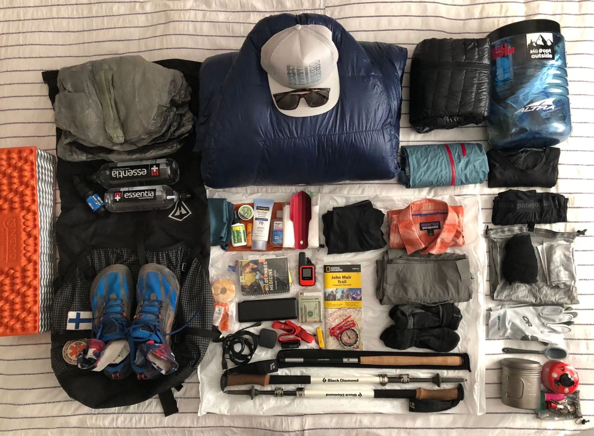 Complete backpacking gear layout showing layering system