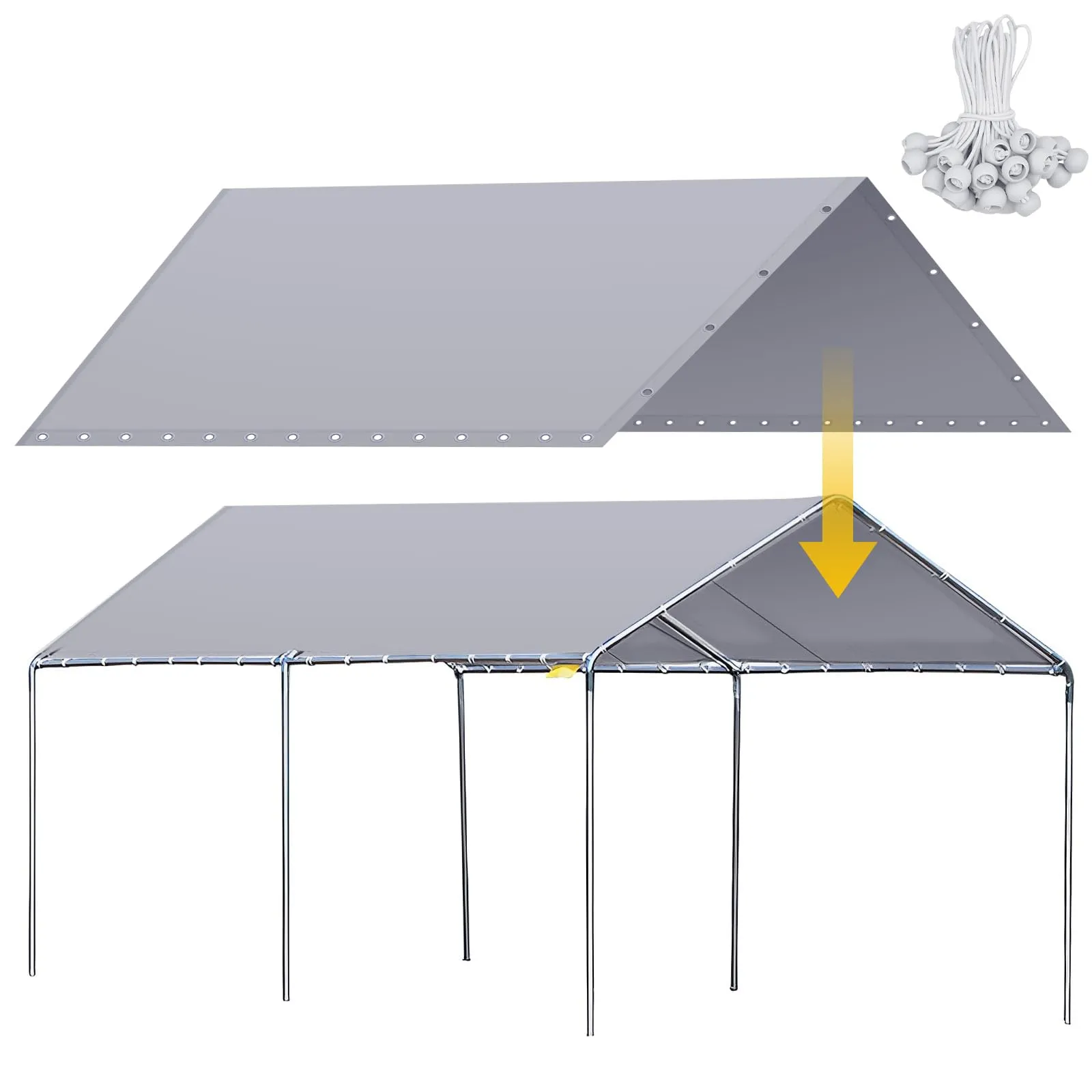 Waterproof heavy duty carport replacement cover with reinforced edges and ball bungees