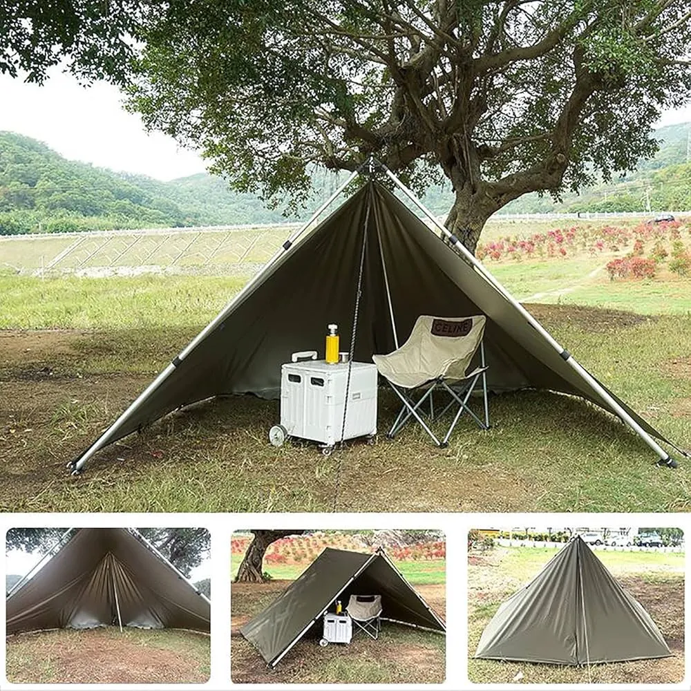 Waterproof camping tarp setup over tent for rain protection
