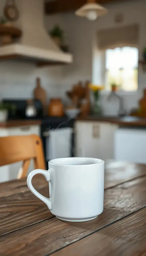White ceramic mug on rustic wooden table