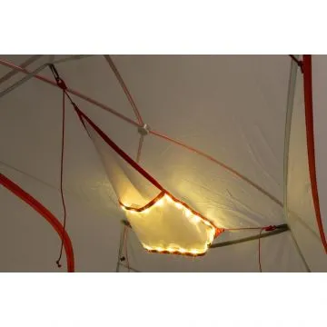 Big Agnes mtnGLO Triangle Gear Loft showing mesh construction and LED lighting