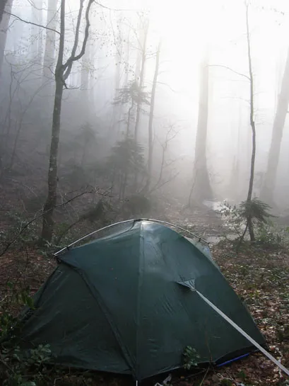 Camping tent in rain weather conditions