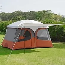 Family camping tent setup with extended vestibule and 2 room configuration