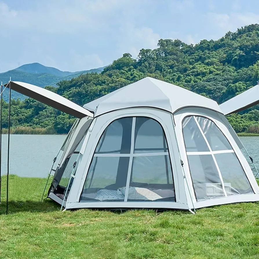 Family camping tent with spacious vestibule and multiple windows