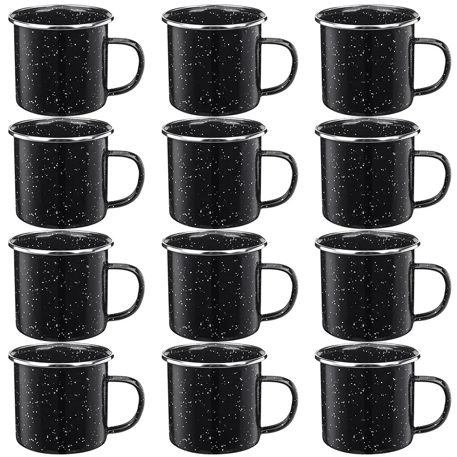 Vintage enamel camping mugs set showcasing classic design and durability