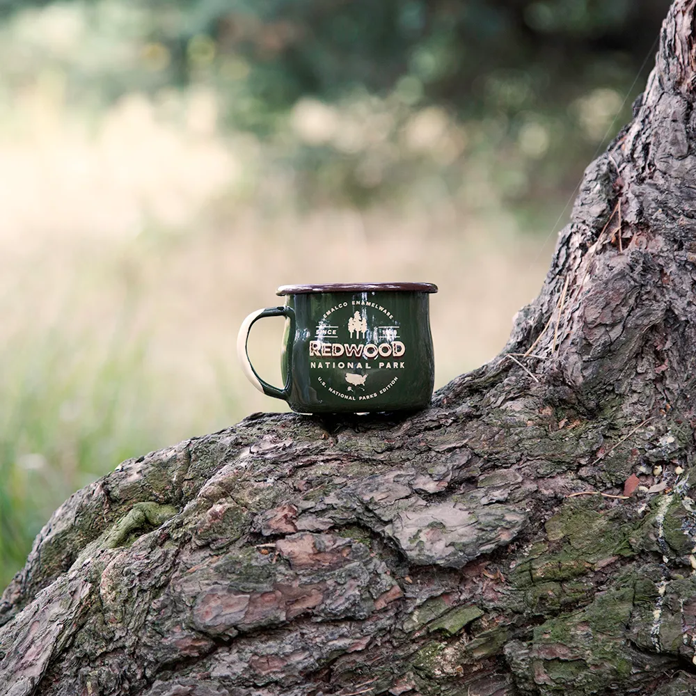 Redwood National Park enamel coffee mug displaying lightweight design perfect for outdoor adventures