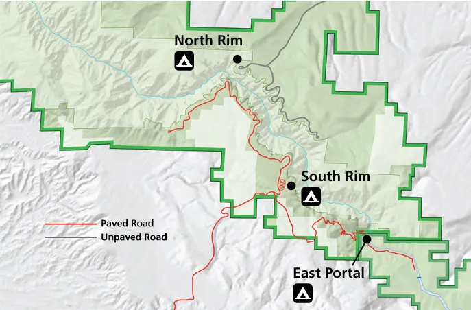 Black Canyon of the Gunnison campground map showing locations of South Rim, North Rim, and East Portal campgrounds