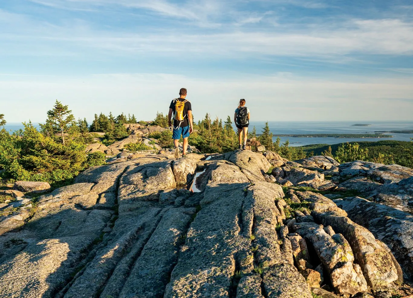 Advanced hiking trail on mountains in Acadia National Park showing challenging granite terrain