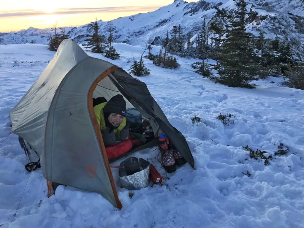 Big Agnes 3-season tent set up in winter conditions showing the differences in design