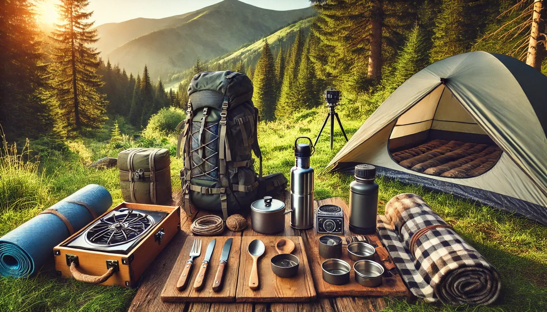 Essential camping gear setup in scenic mountain campsite