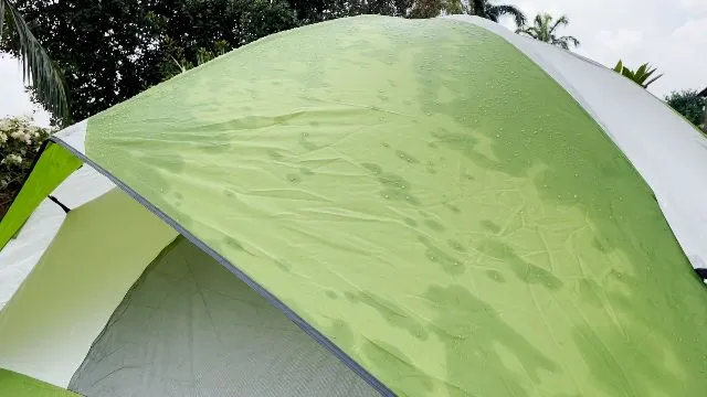 Water absorption on tent fabric showing waterproofing failure