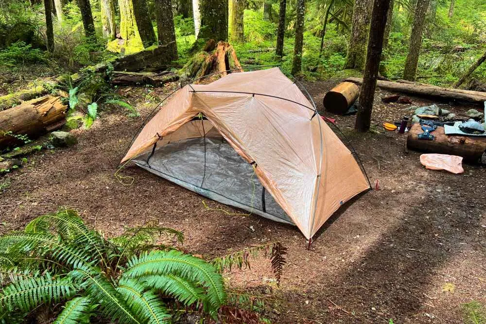 Free Zip 2P freestanding tent set up in mountain wilderness