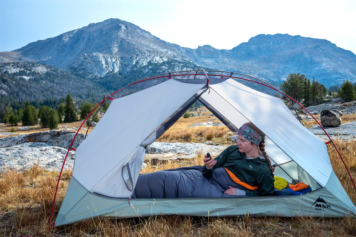Freestanding backpacking tent with both doors open showing interior space