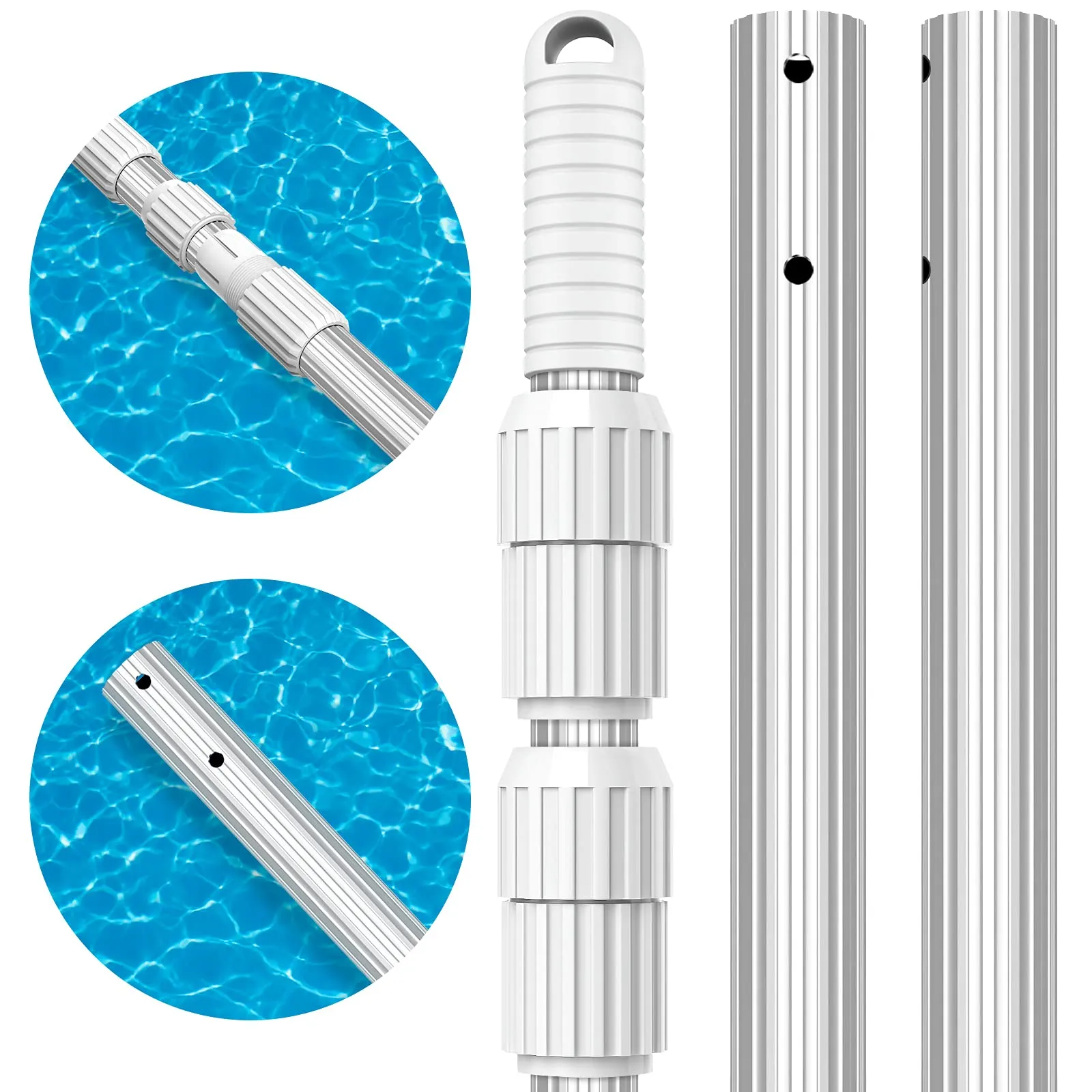 Heavy duty aluminum telescoping pole being used for pool maintenance