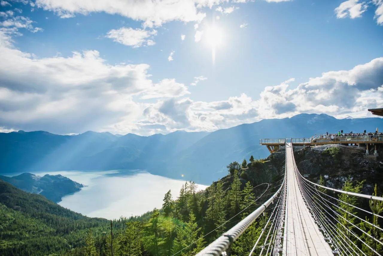 Suspension bridge at Sea to Sky Gondola summit with mountain views