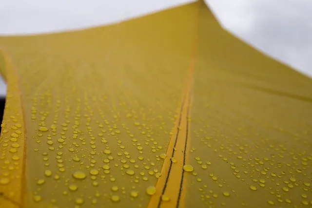 Rain drops on tent fabric showing waterproof performance