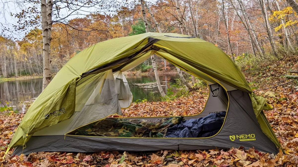 NEMO Dragonfly OSMO 2P tent setup in outdoor environment