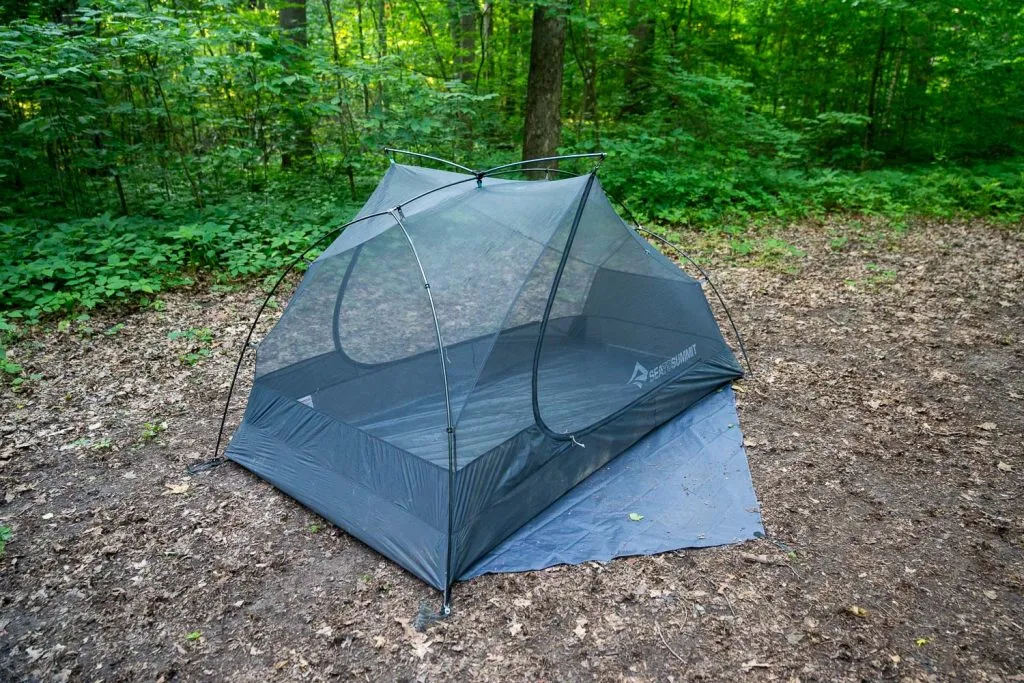 Sea to Summit Telos TR2 tent with footprint setup during bikepacking adventure