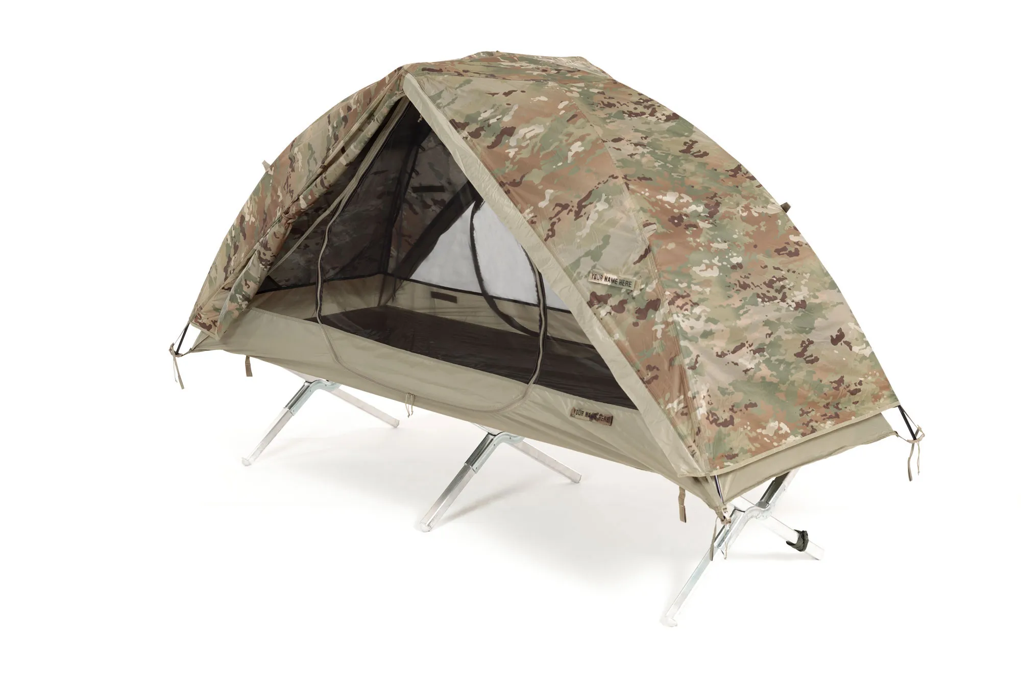 LiteFighter 1 tactical tent setup showing military camouflage pattern and versatile configuration options