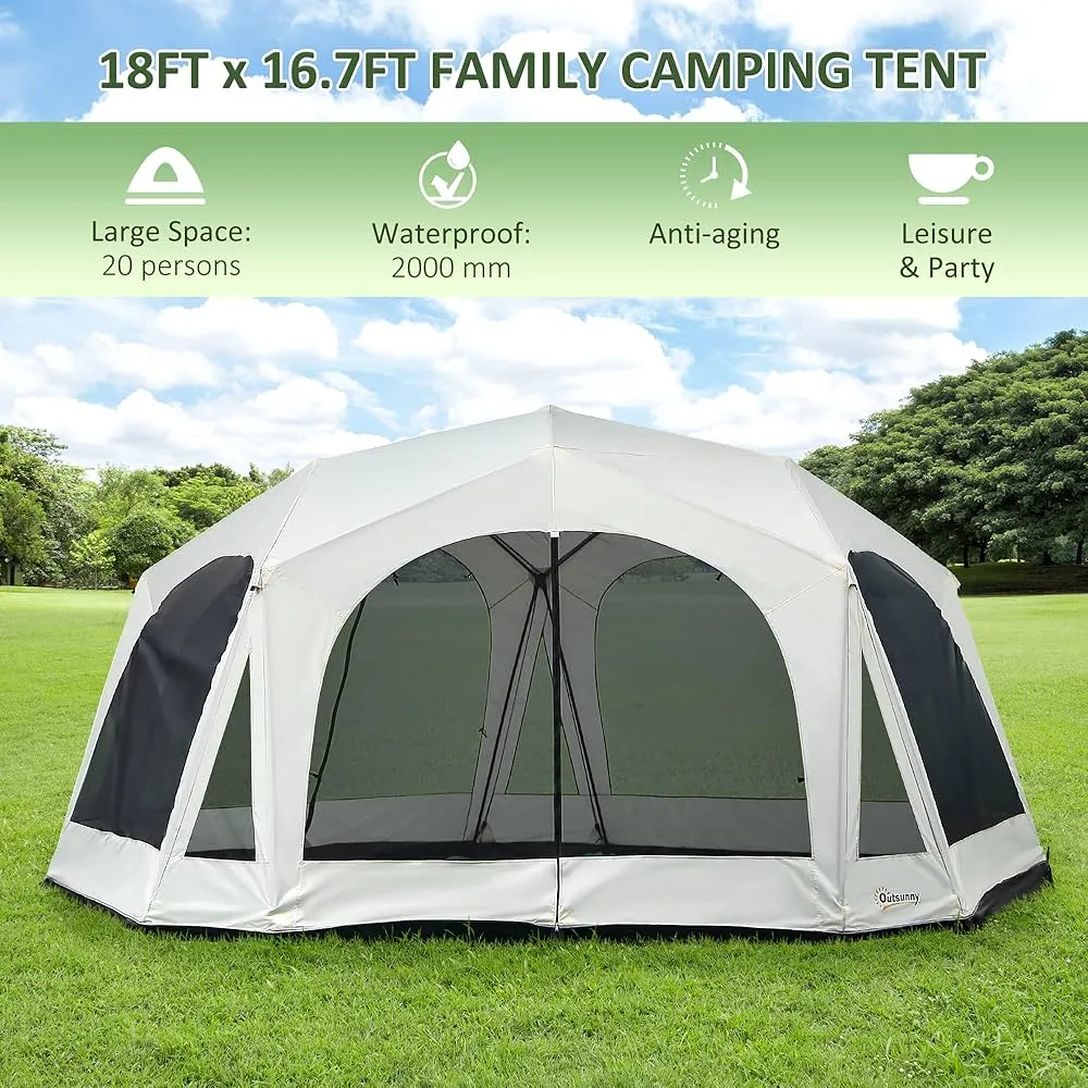Large family camping tent with multiple rooms and outdoor setup