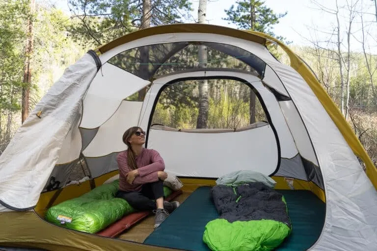 REI Base Camp 4 person tent with vestibule showing interior space and features