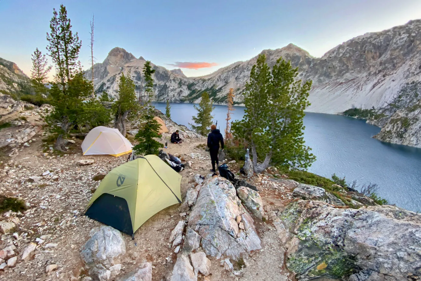 NEMO Hornet OSMO 2 and Big Agnes Tiger Wall 2 backpacking tents pitched in granite peaks campsite