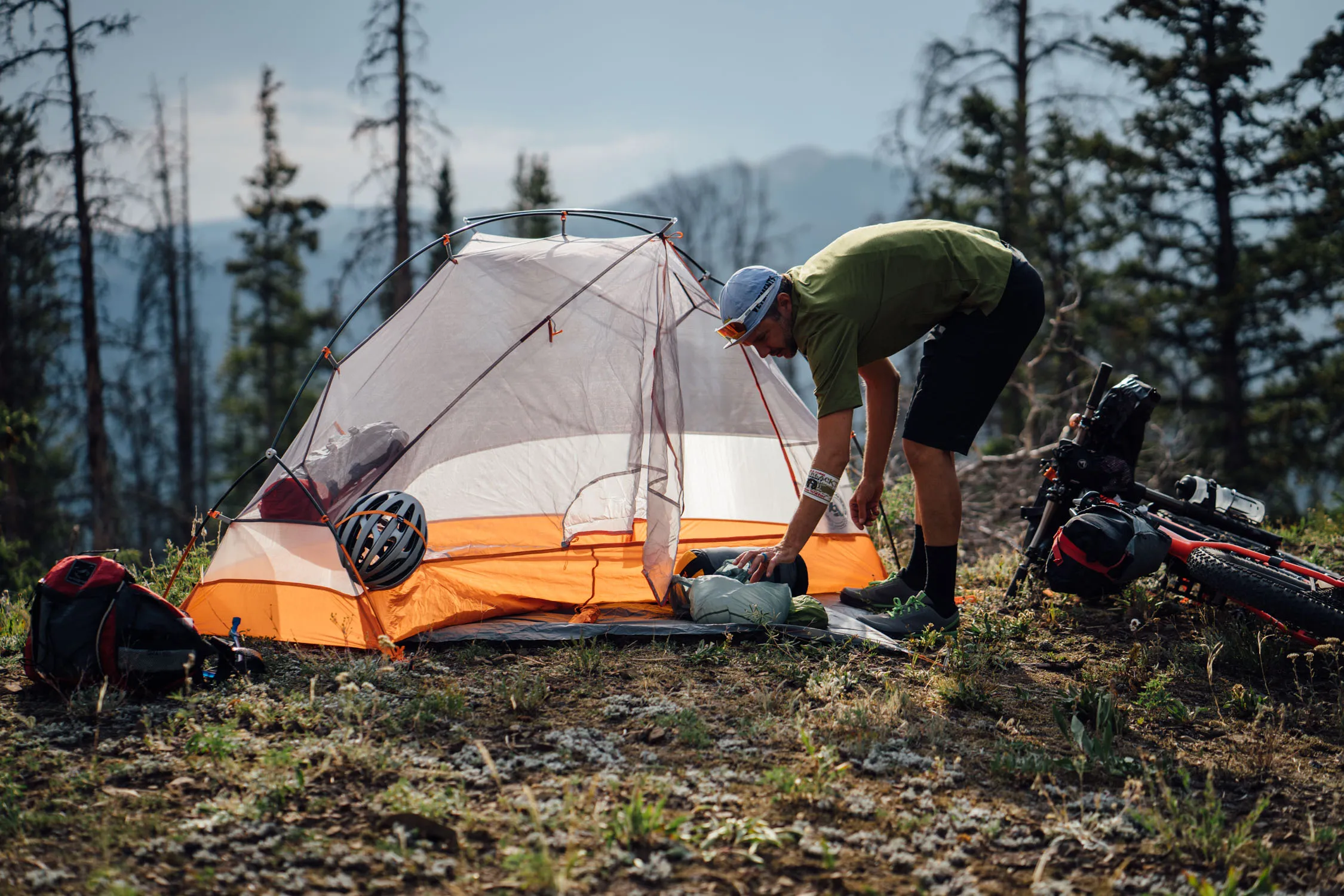 Big Agnes Copper Spur HV UL2 Bikepack tent packed and mounted on bikepacking setup