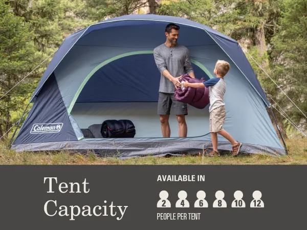 Coleman Skydome XL 10-person tent setup with family camping gear