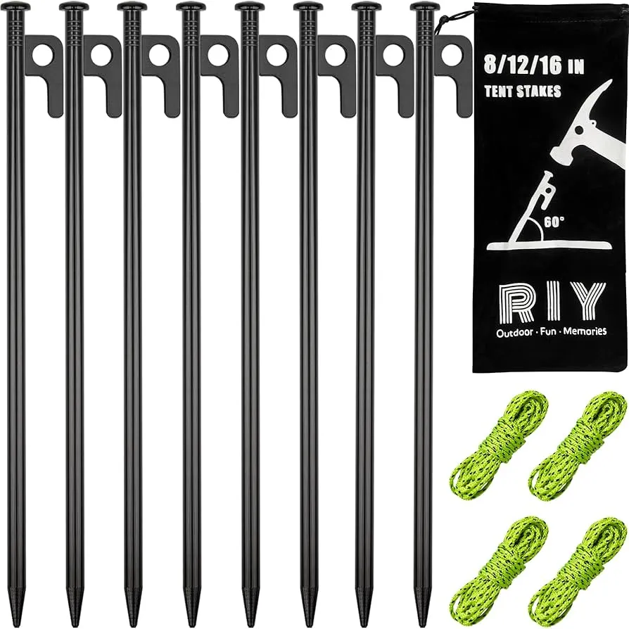 Heavy duty tent stakes showing different materials and designs