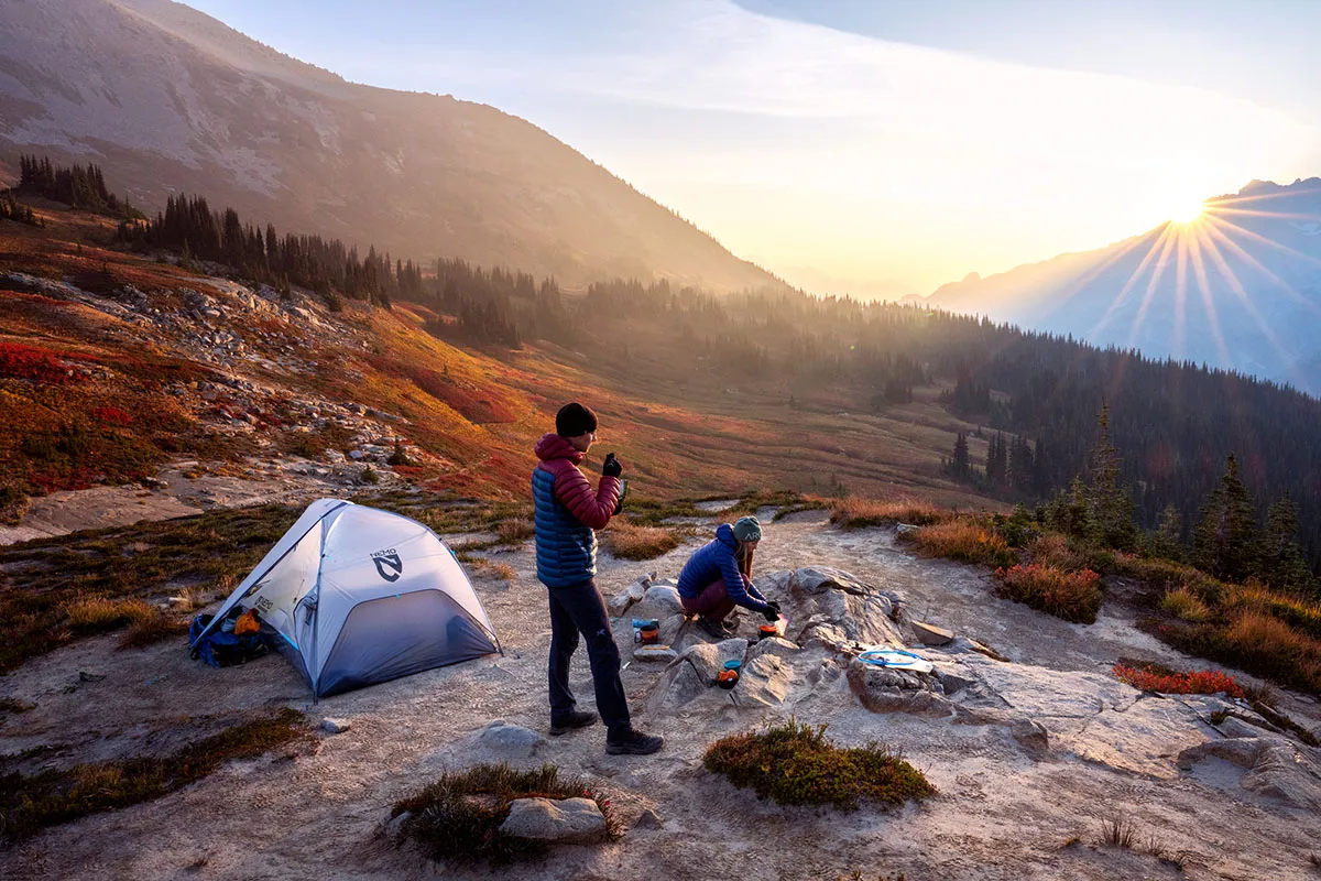 Nemo tent setup at mountain campsite showing practical tent usage